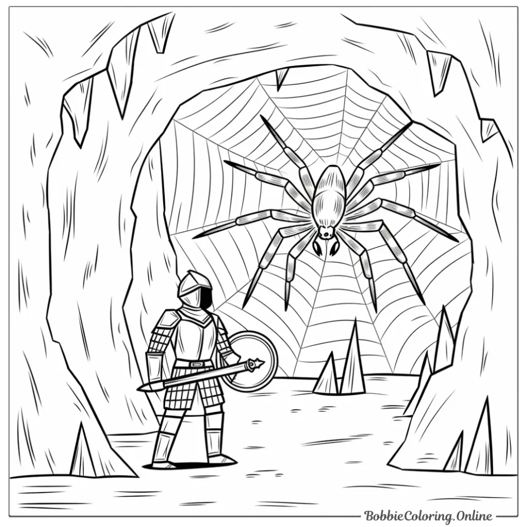 Free Printable Coloring Page of a Soldier and a Spider in a Cave