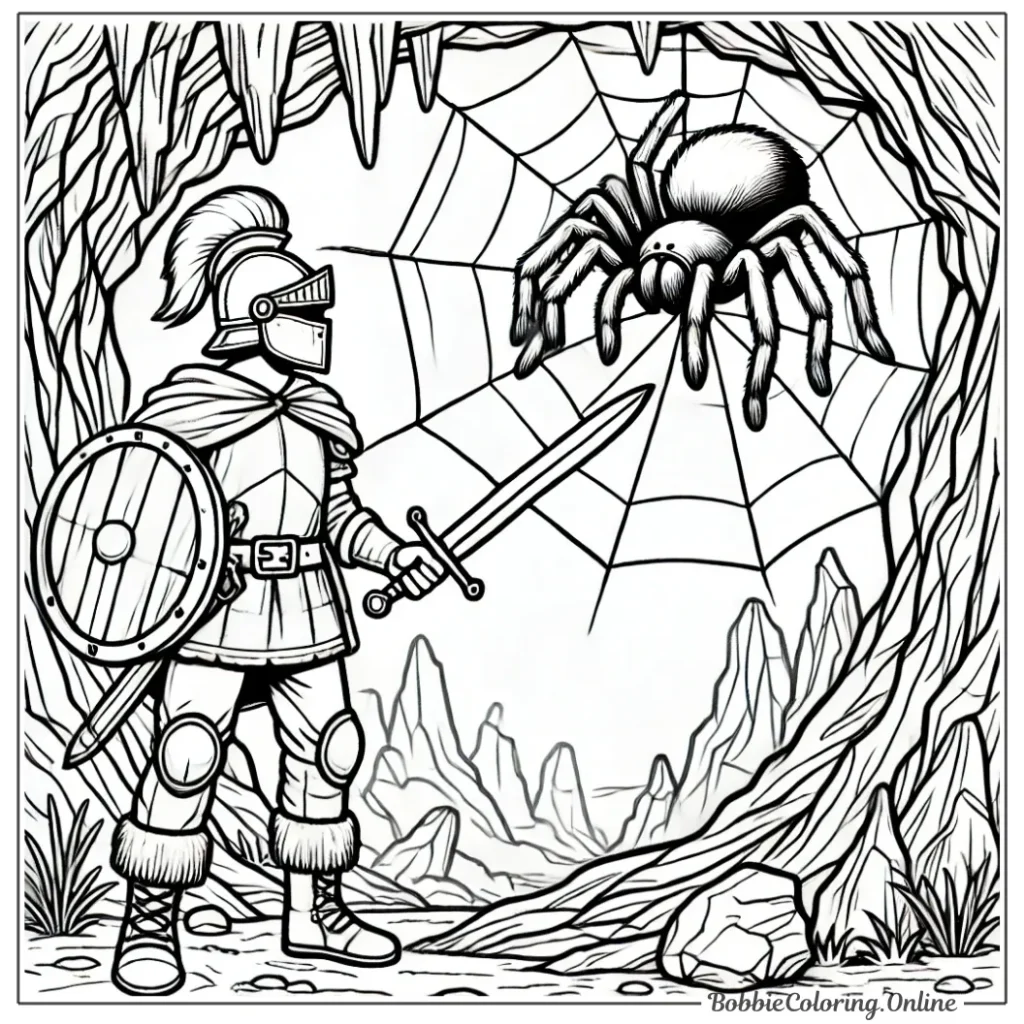 Free Printable Coloring Page of a Soldier and a Spider in a Cave