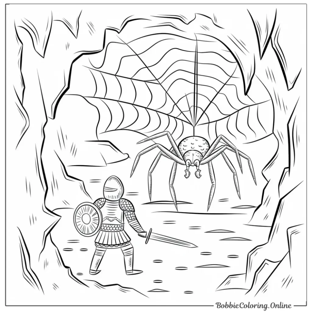 Free Printable Coloring Page of a Soldier and a Spider in a Cave