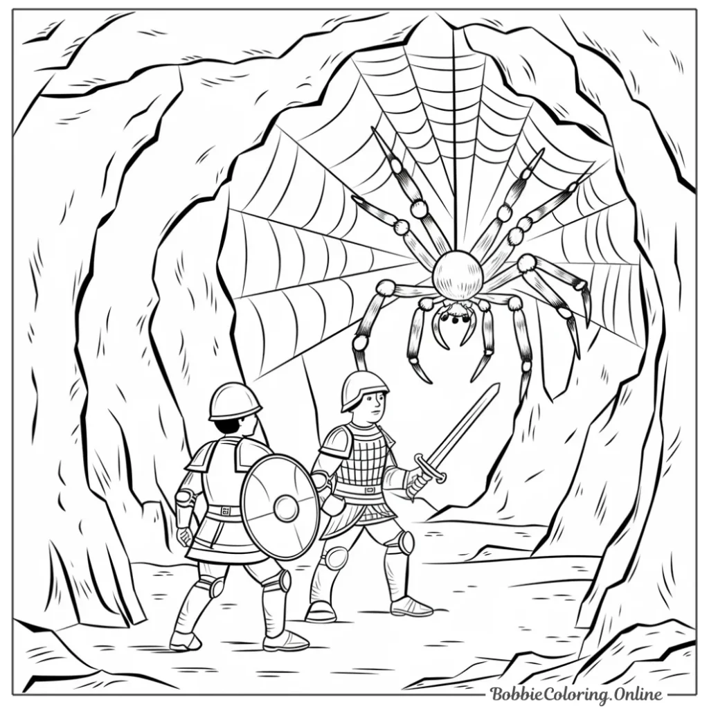 Free Printable Coloring Page of a Soldier and a Spider in a Cave