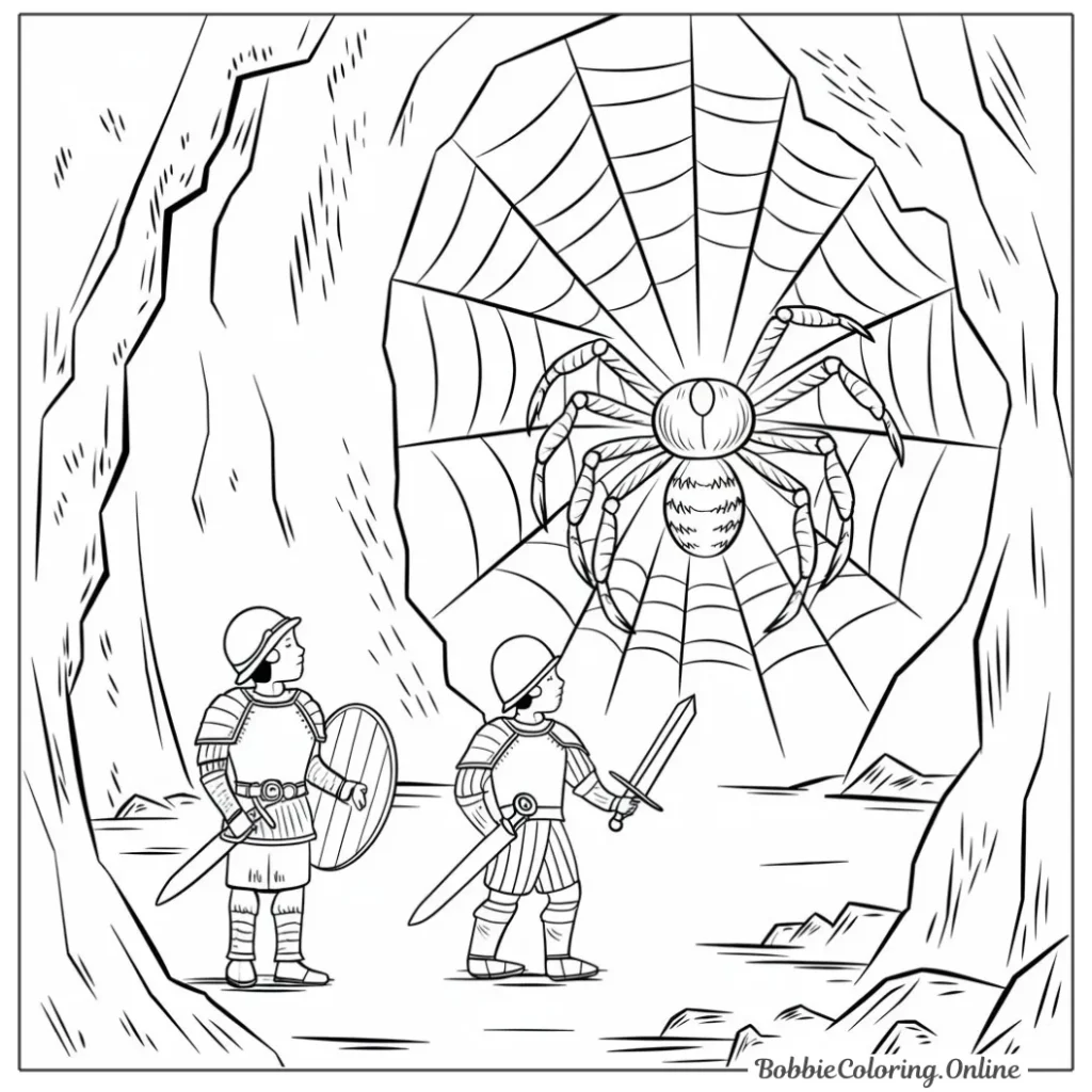 Free Printable Coloring Page of a Soldier and a Spider in a Cave