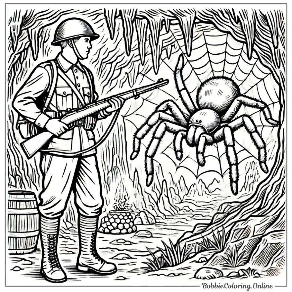 Free Printable Coloring Page of a Soldier and a Spider in a Cave