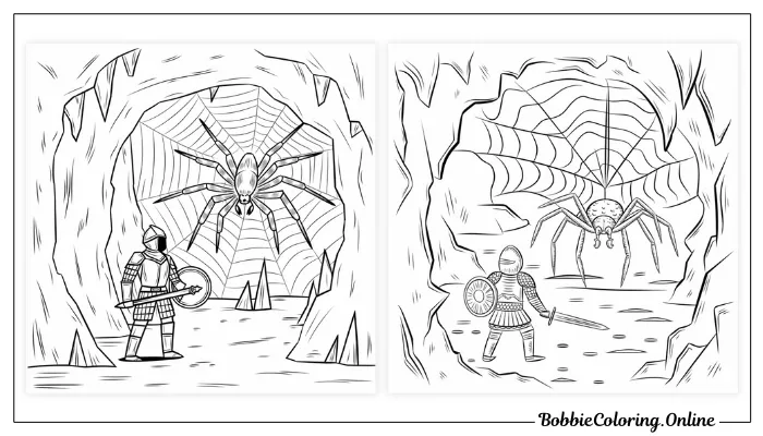 Free Printable Coloring Page of a Soldier and a Spider in a Cave